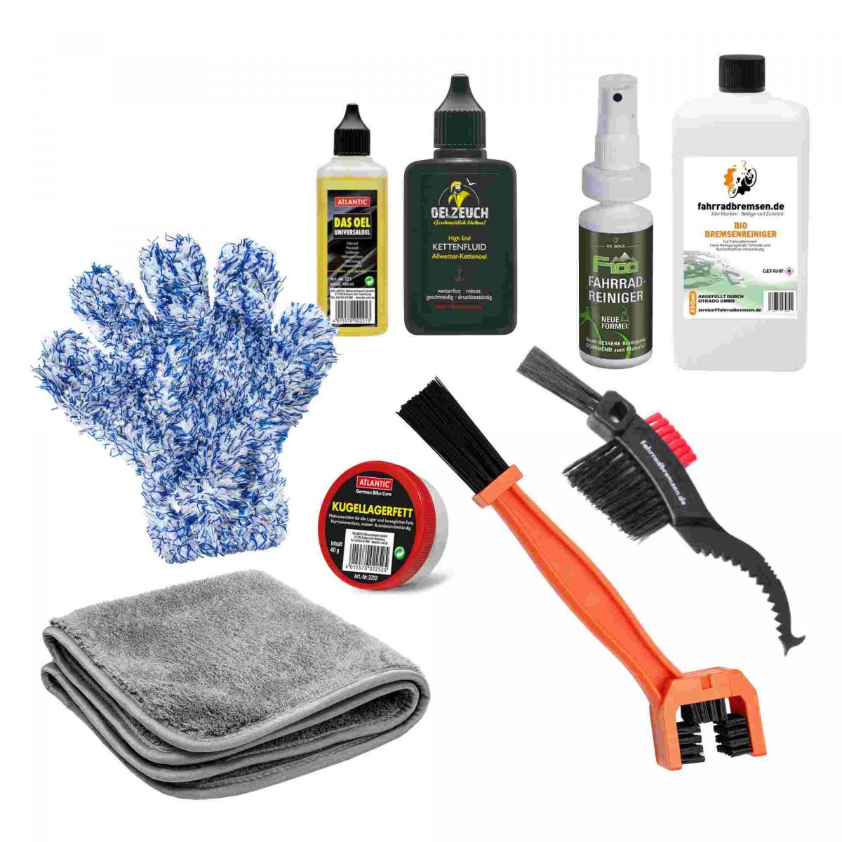 Fahrrad Reinigungsset XL Pflegeset Pflegemittel Set mit F100 Fahrradreiniger Bremsenreiniger Kettenreiniger Bürsten Kettenöl
